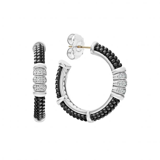 LAGOS Sterling Silver & Black Caviar Diamond Hoop Earrings