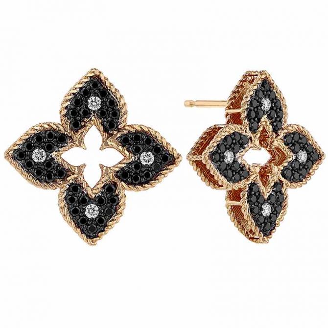Roberto Coin Venetian Princess Flower Black & White Diamond Post Earrings in Rose Gold