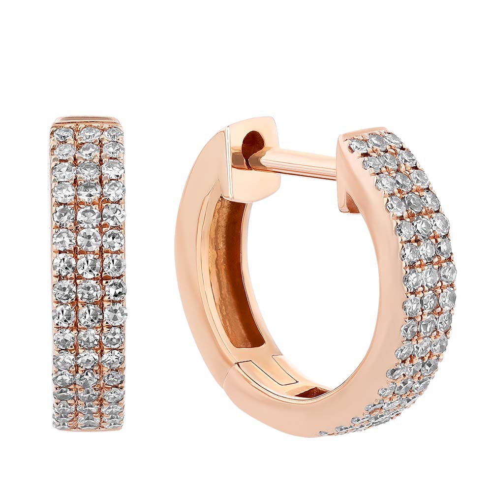 Diamond Pave 3 Row Huggie Hinged Hoop Earrings in Rose Gold | Borsheims