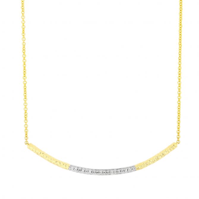 Diamond Curved Bar Necklace with Hammered Yellow Gold