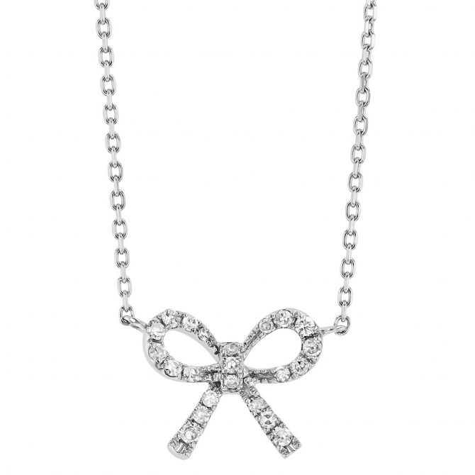 Diamond Mini Bow Necklace in White Gold, 16"