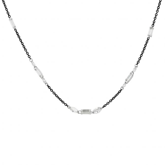 Aresa Baguette & Marquise Diamond Station Necklace in White Gold & Black Rhodium, 18"