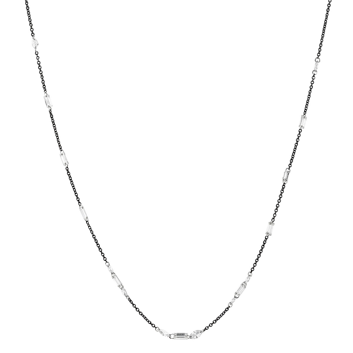 Aresa Baguette & Marquise Diamond Station Necklace in White Gold & Black Rhodium, 18