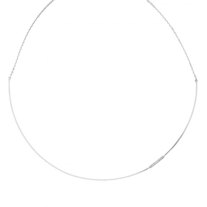 White Gold Thin Curved Bar Collar Necklace with Diamond Accent, 16"