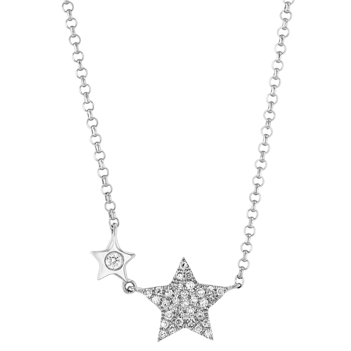 Diamond Pavé 2 Star Necklace in White Gold, 18