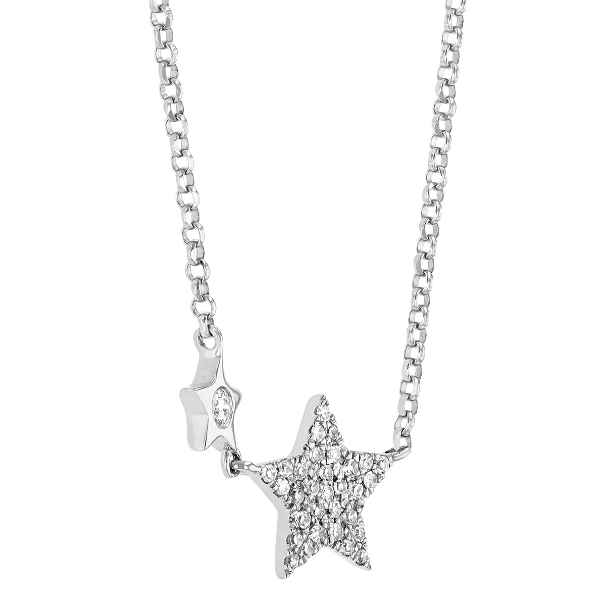 Diamond Pavé 2 Star Necklace in White Gold, 18