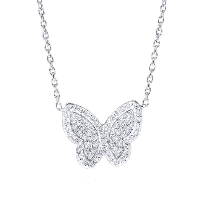 Diamond Pavé Butterfly Necklace in White Gold, 18"