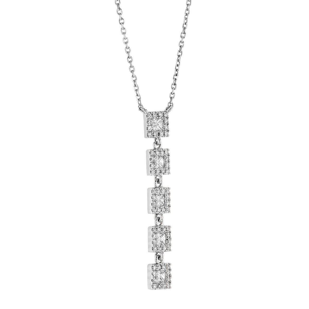 Diamond Square Halo Linear Y Necklace in white Gold, 18