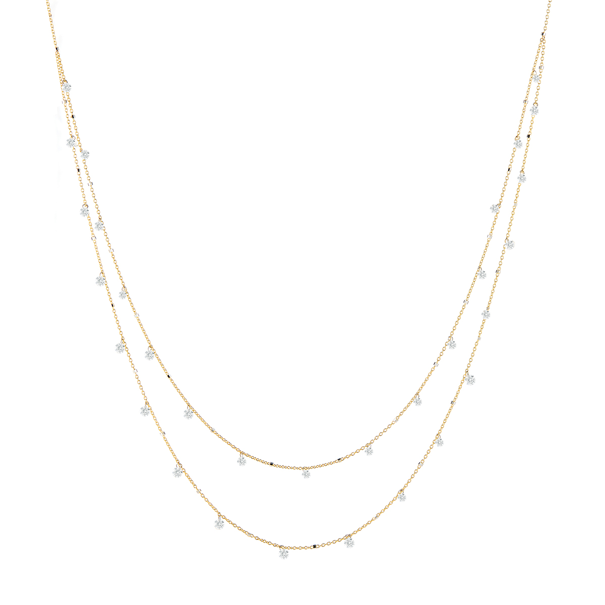 Aresa Diamond Drop Double Row Necklace in Yellow Gold, 17
