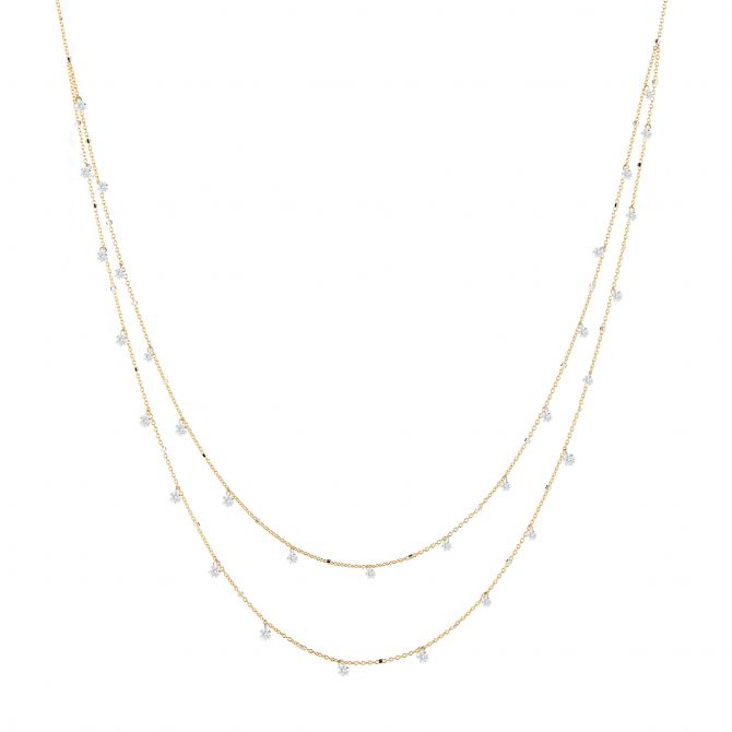 Aresa Diamond Drop Double Row Necklace in Yellow Gold, 17"