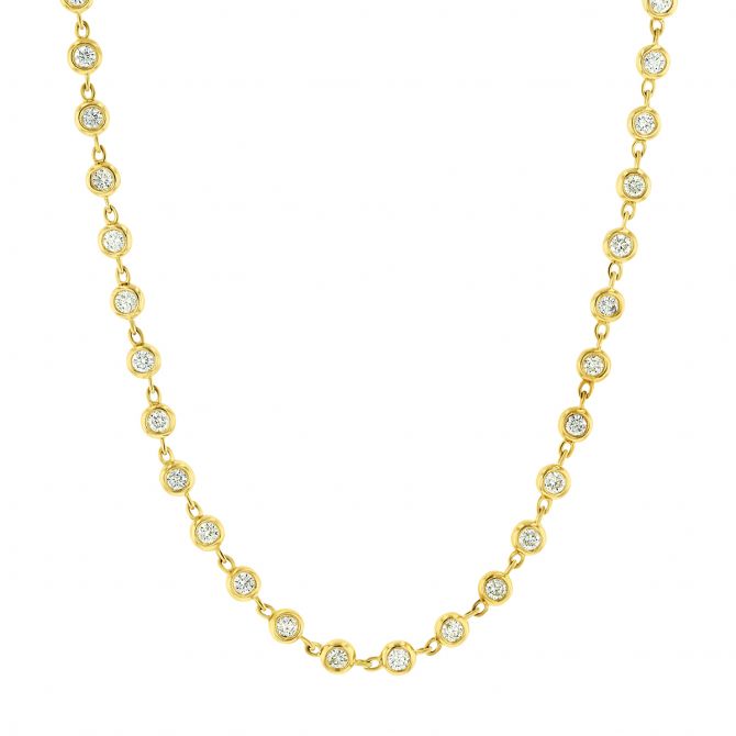 Diamond Bezel Set Strand Necklace in Yellow Gold, 28"