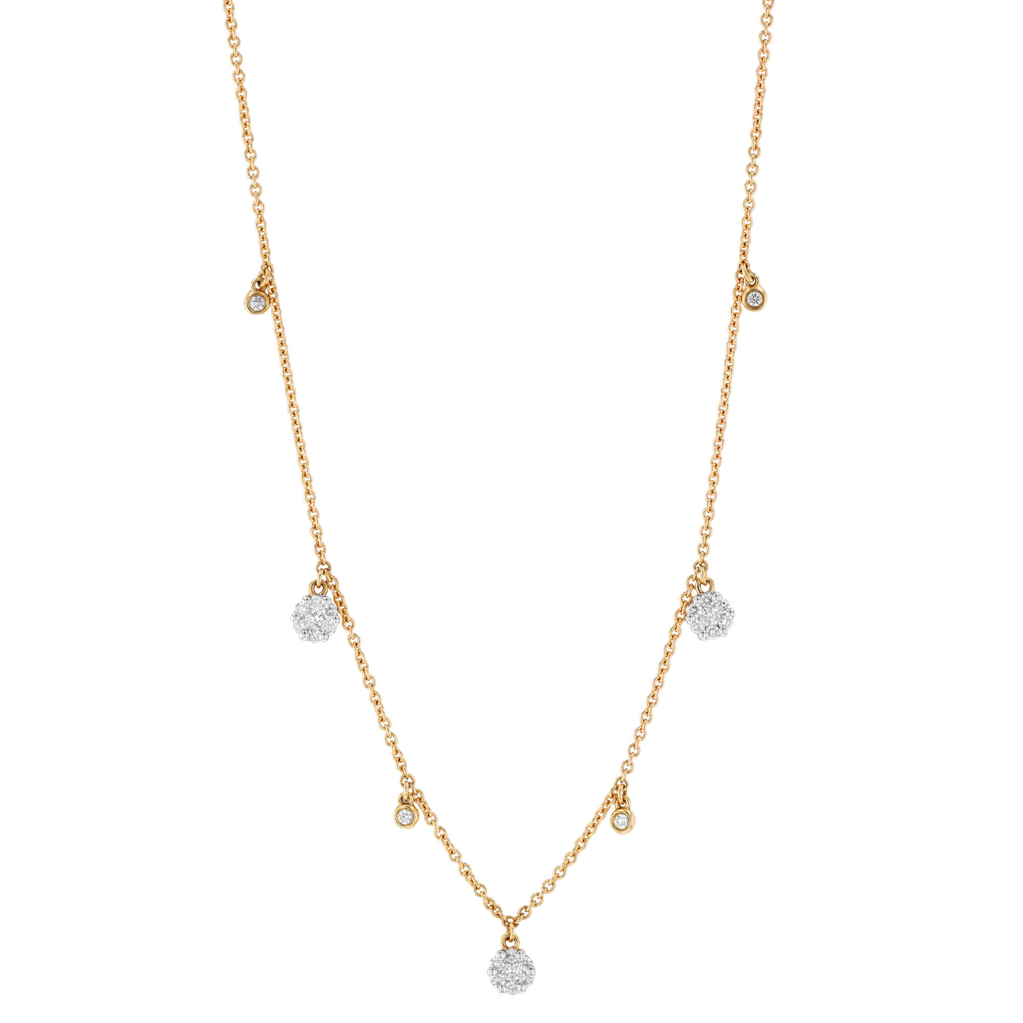Diamond Cluster & Bezel Set Diamond Dangle Station Necklace in Yellow Gold, 17.5