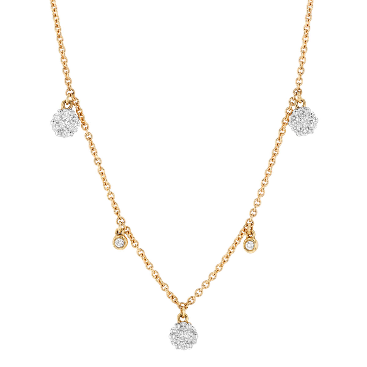 Diamond Cluster & Bezel Set Diamond Dangle Station Necklace in Yellow Gold, 17.5