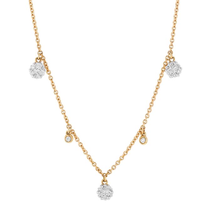Diamond Cluster & Bezel Set Diamond Dangle Station Necklace in Yellow Gold, 17.5"