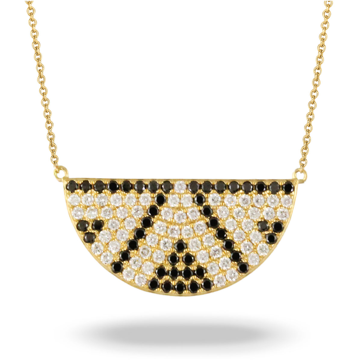 Doves Black & White Diamond Pavé Deco Half Circle Necklace in Yellow Gold, 18