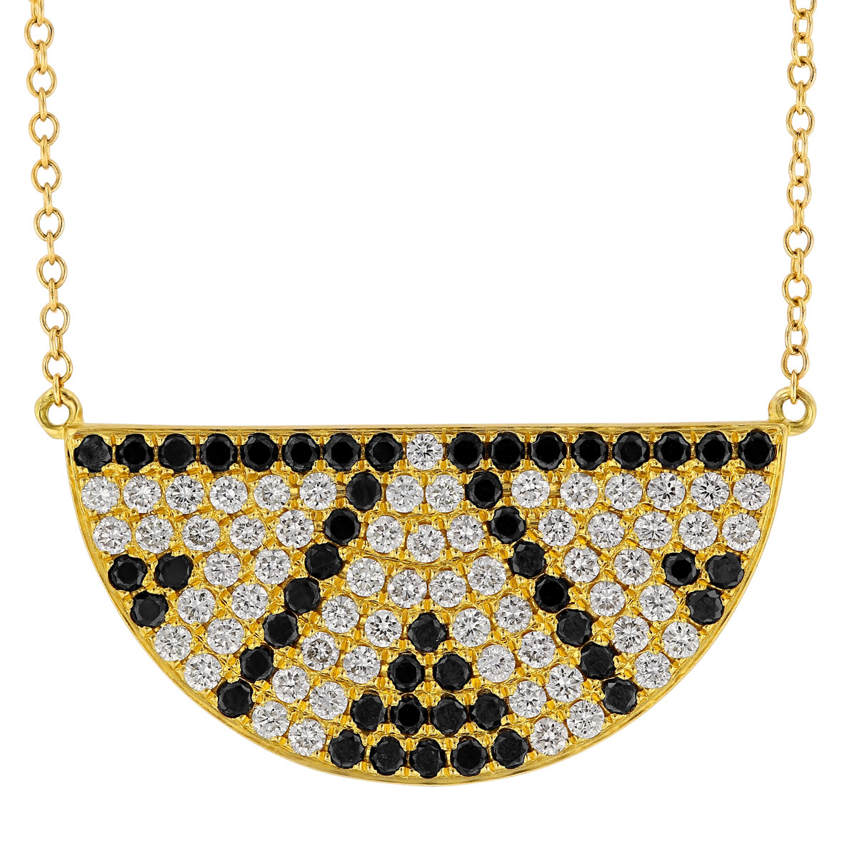 Doves Black & White Diamond Pavé Deco Half Circle Necklace in Yellow Gold, 18