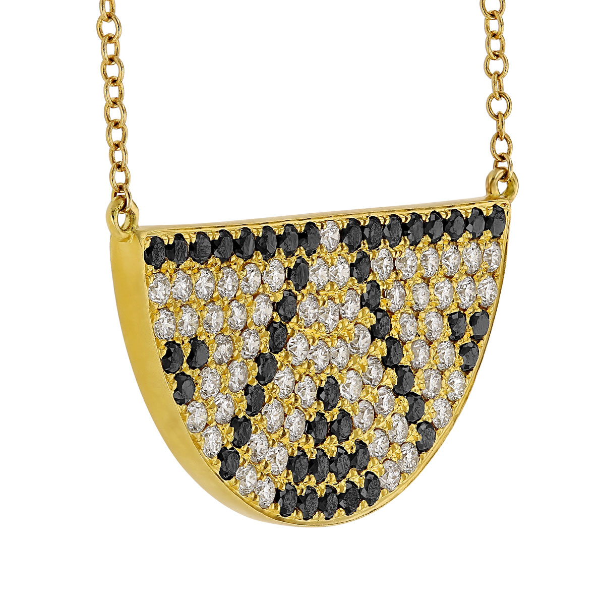 Doves Black & White Diamond Pavé Deco Half Circle Necklace in Yellow Gold, 18