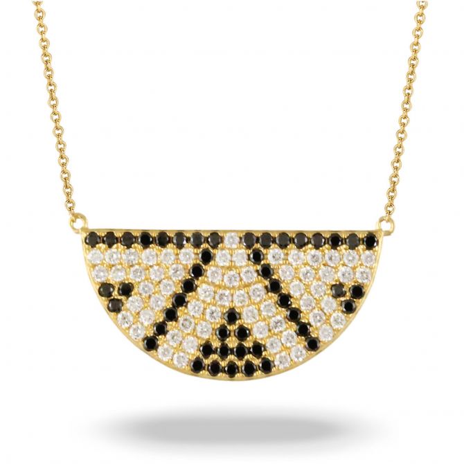 Doves Black & White Diamond Pavé Deco Half Circle Necklace in Yellow Gold, 18"