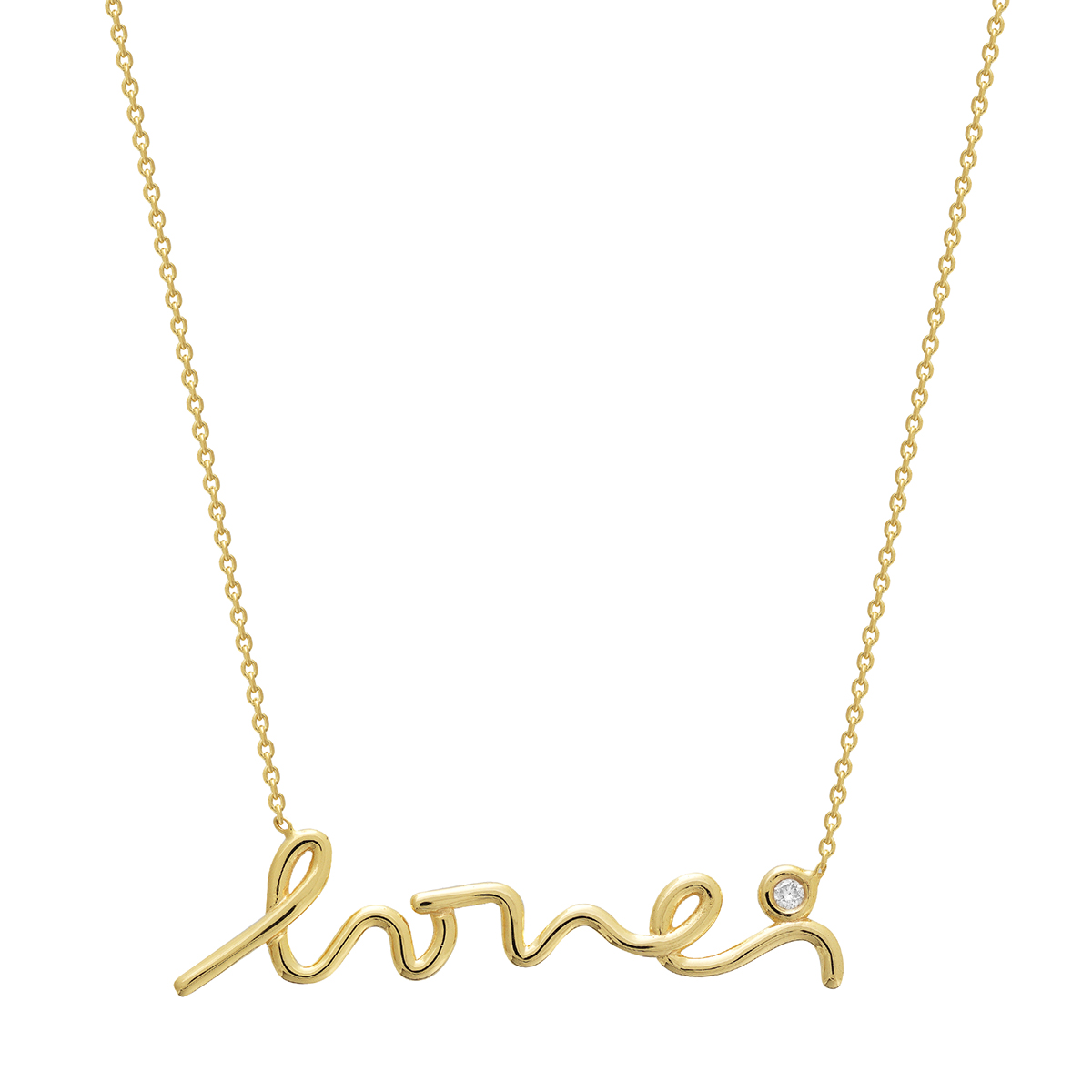 Love Script Necklace with Bezel Set Diamond in Yellow Gold, 18