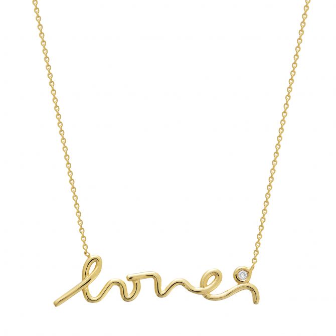 Love Script Necklace with Bezel Set Diamond in Yellow Gold, 18"