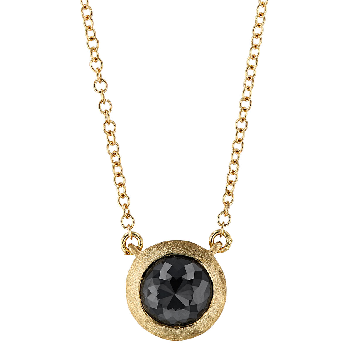 Black Rosecut Round Diamond Bezel Set Necklace in Matte Yellow Gold, 18