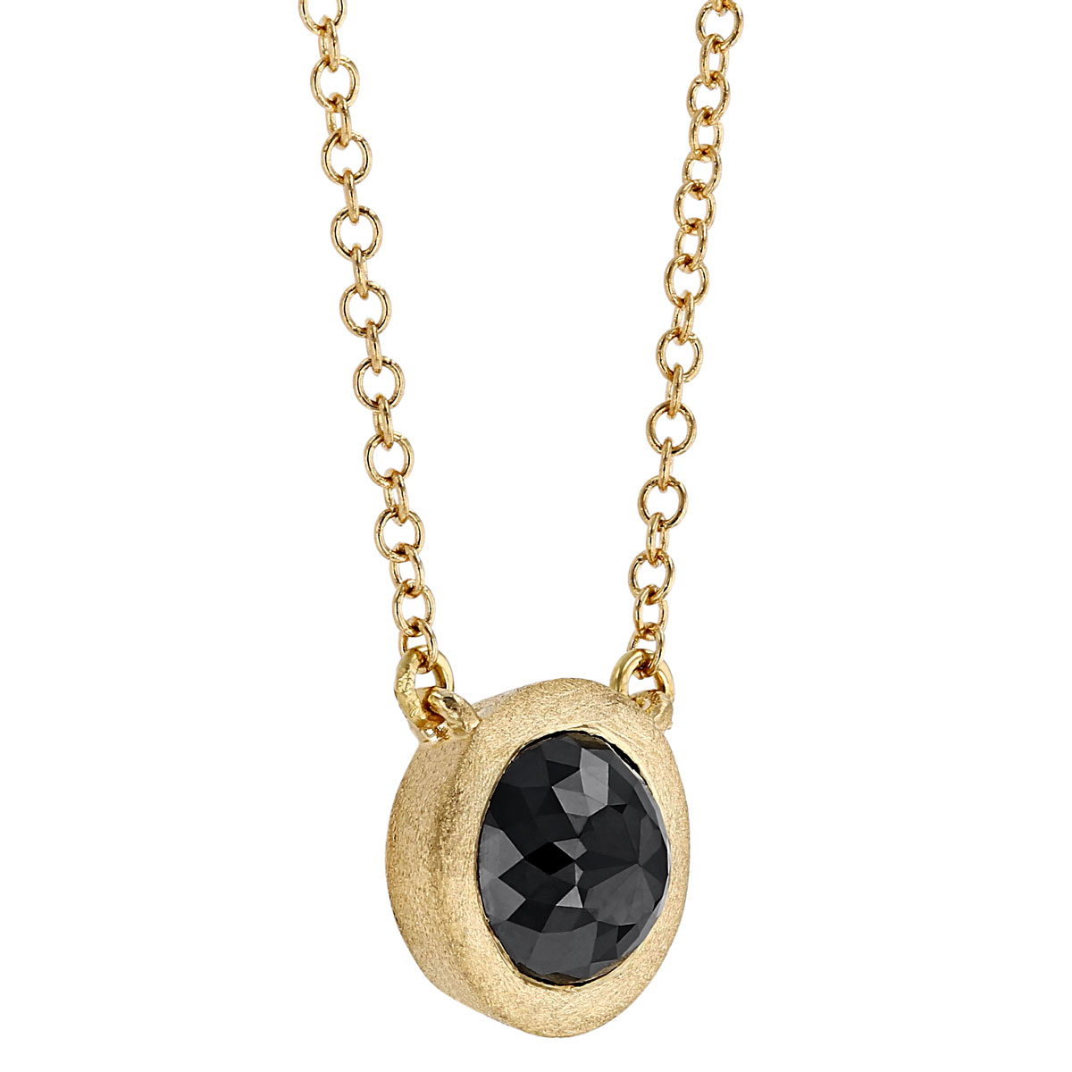 Black Rosecut Round Diamond Bezel Set Necklace in Matte Yellow Gold, 18