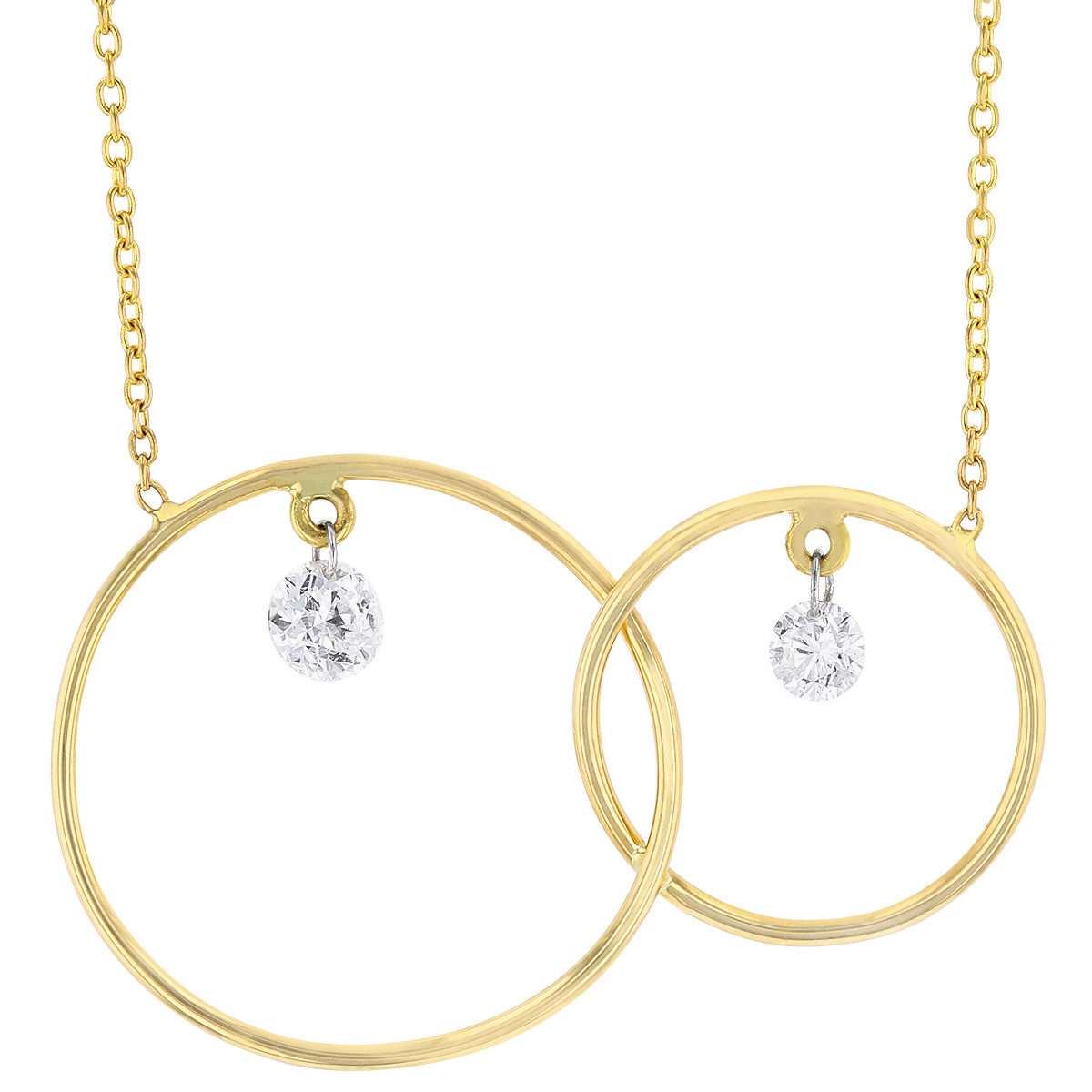 Aresa Diamond Dangle Interlocking Double Circle Necklace in Yellow Gold, 18