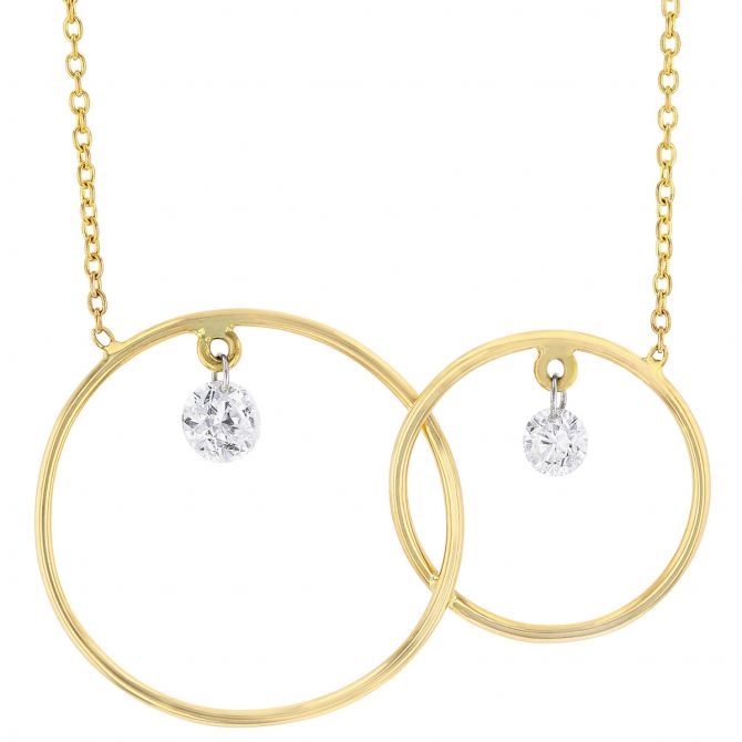 Aresa Diamond Dangle Interlocking Double Circle Necklace in Yellow Gold, 18"