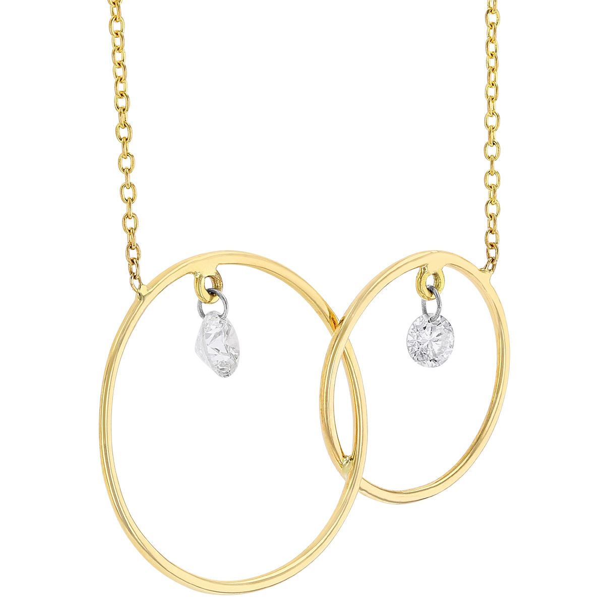 Aresa Diamond Dangle Interlocking Double Circle Necklace in Yellow Gold, 18