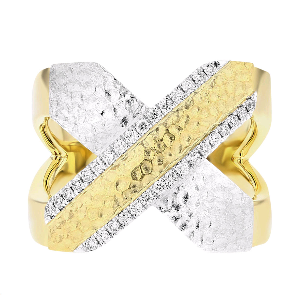 Diamond 2 Row X Ring in Hammered Two Tone Gold Borsheims