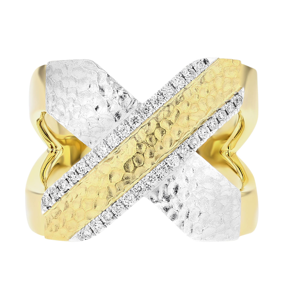 Diamond 2 Row X Ring in Hammered Two Tone Gold