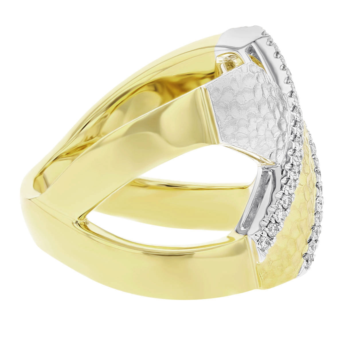 Diamond 2 Row X Ring in Hammered Two Tone Gold