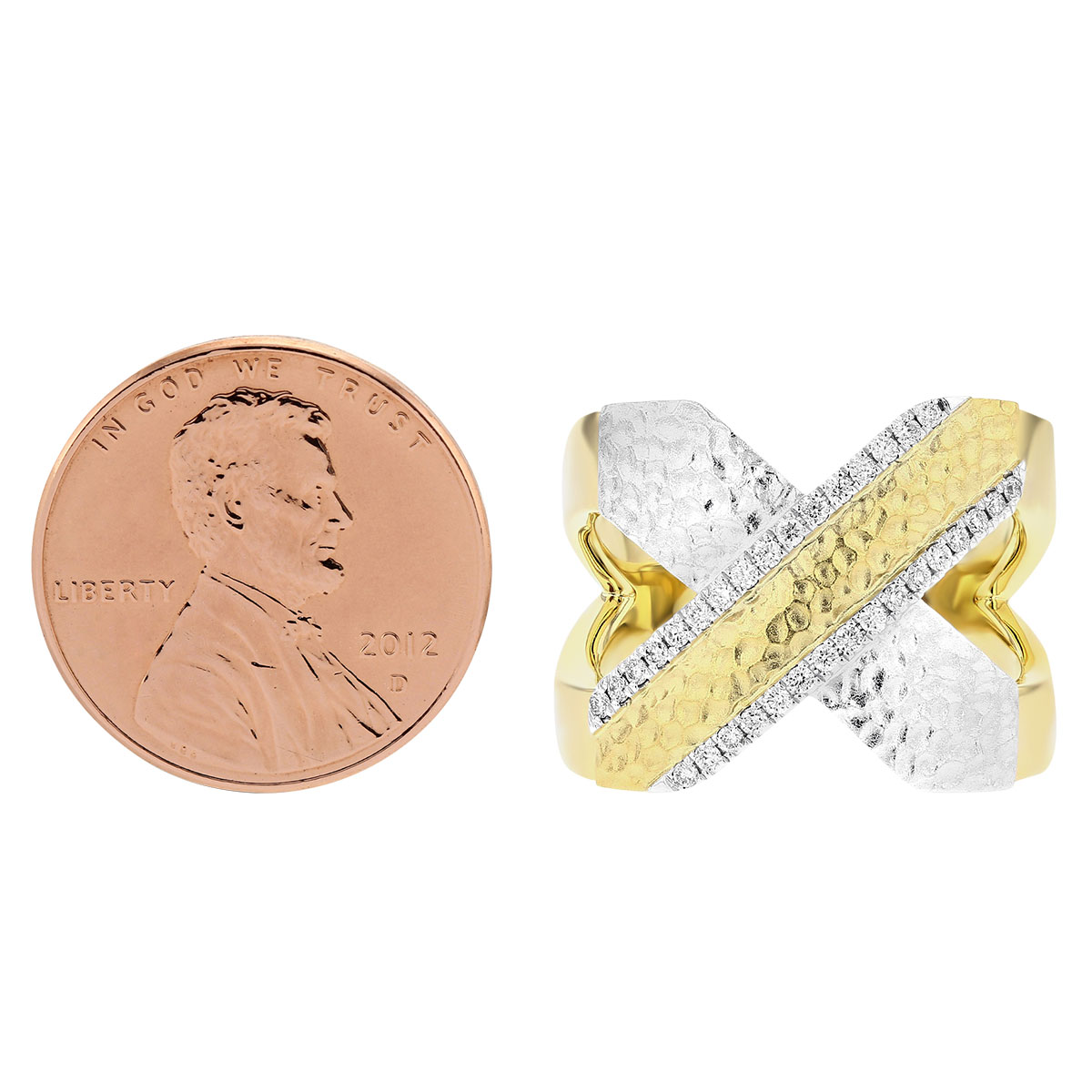 Diamond 2 Row X Ring in Hammered Two Tone Gold