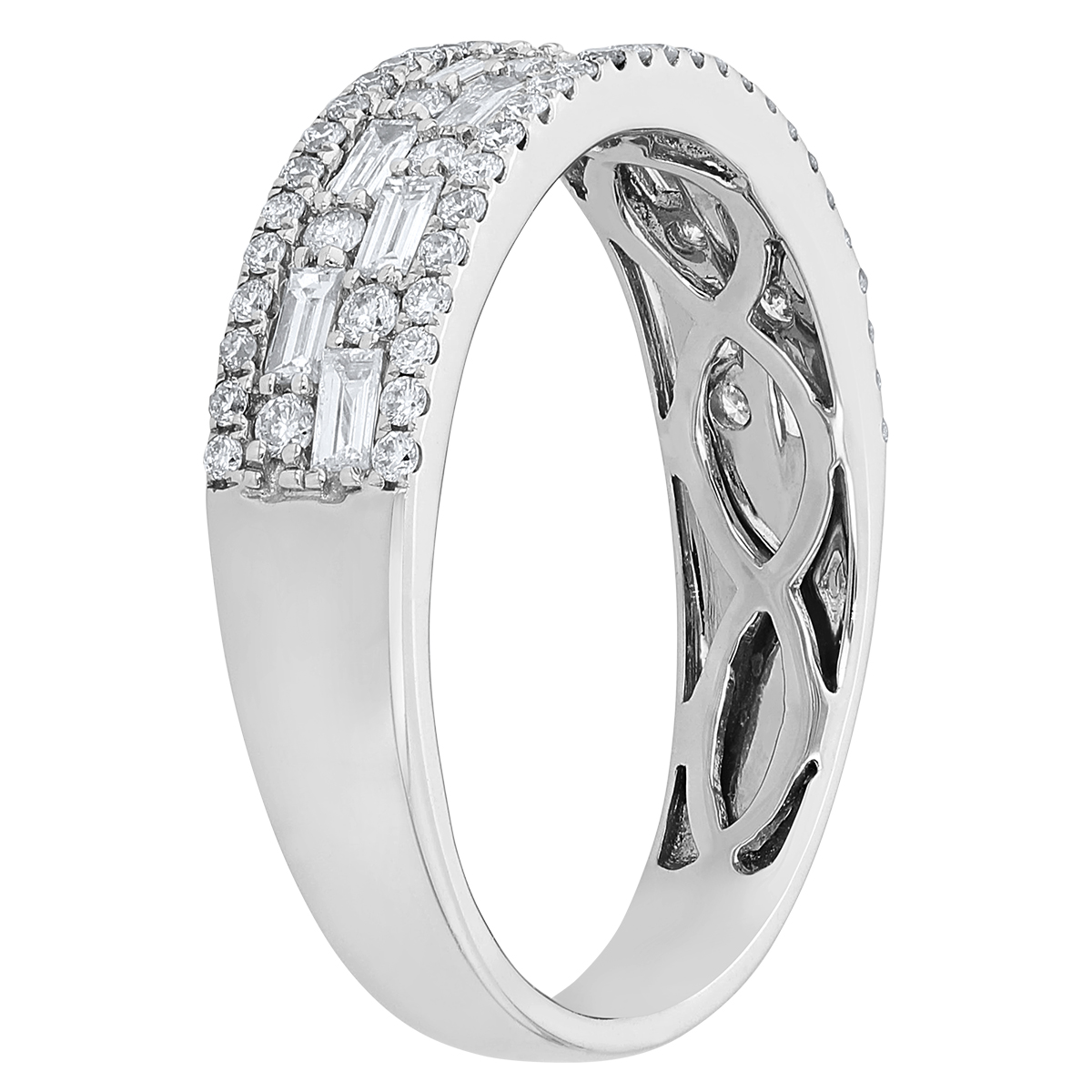 Baguette & Round Diamond Mosaic 4 Row Ring in White Gold