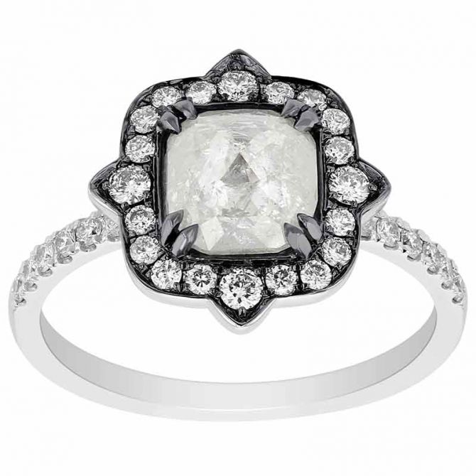 Rosecut Cushion Diamond Ring with Spiked Halo in Black Rhodium & White Gold