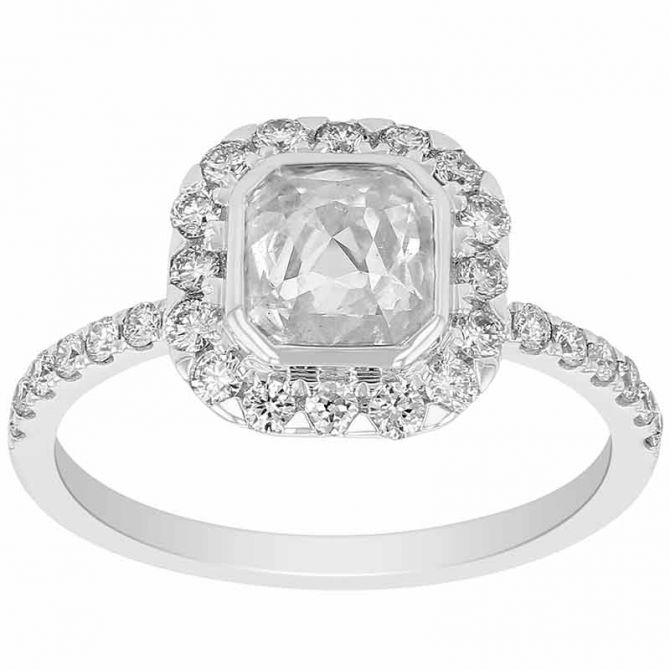 Octagonal Rosecut Diamond Halo Ring in White Gold