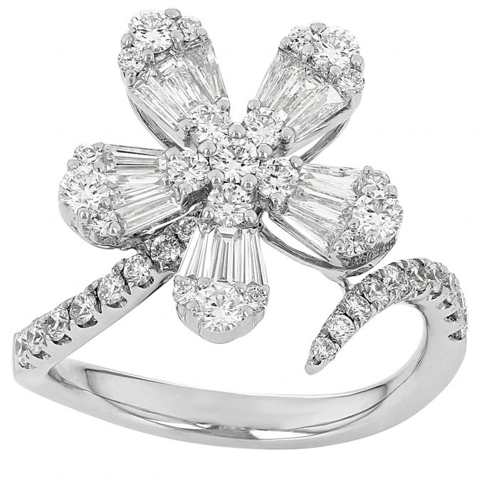 Baguette & Round Diamond Flower Curved Bypass Ring in White Gold