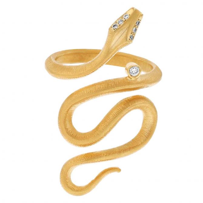 Marika 14K Yellow Gold Round Diamond Carved Snake Textured Ring