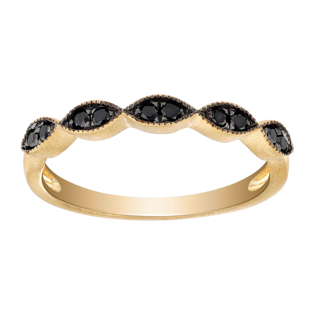 14K Yellow Gold & Black Rhodium Black Diamond Milgrain Navette Shaped Section Band