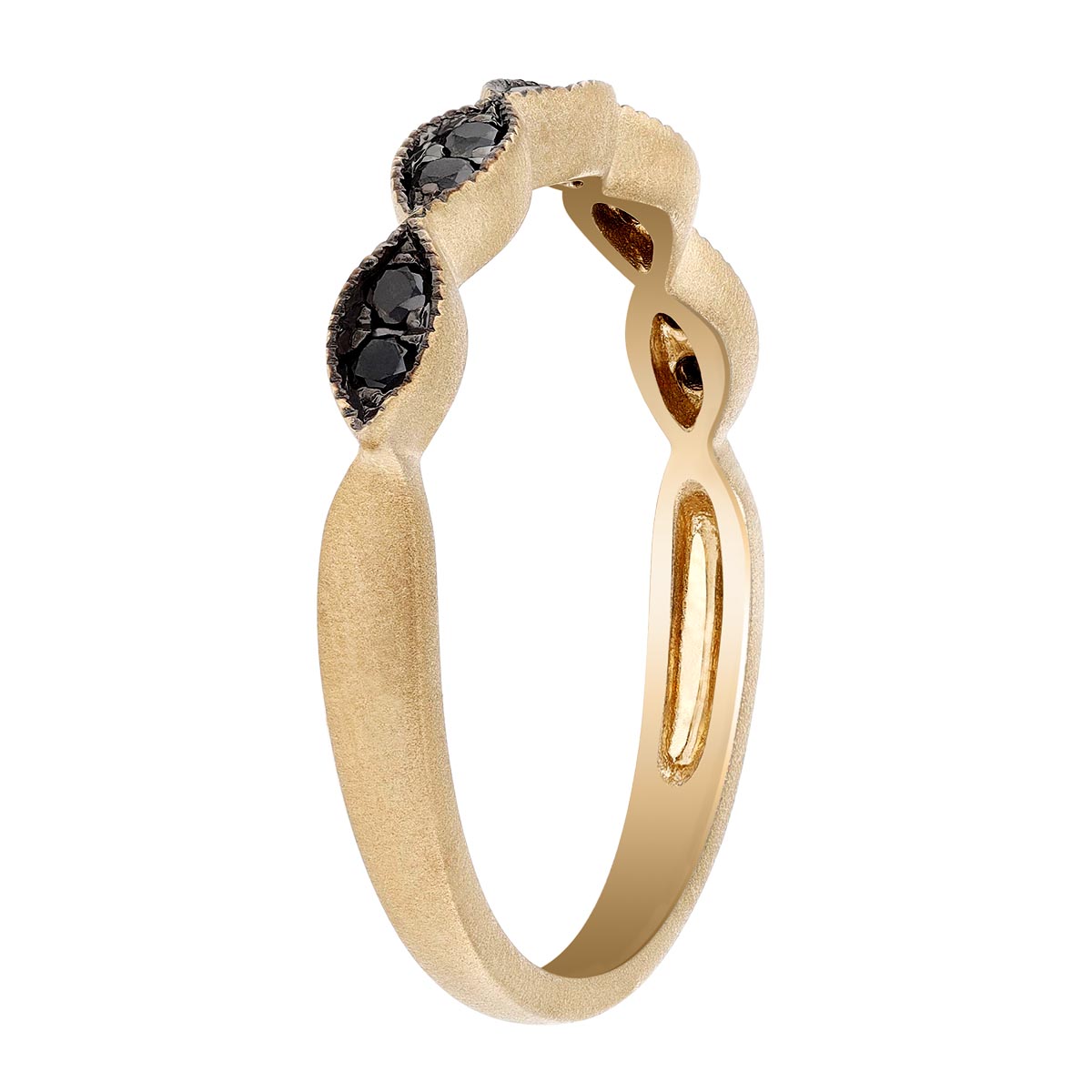 14K Yellow Gold & Black Rhodium Black Diamond Milgrain Navette Shaped Section Band