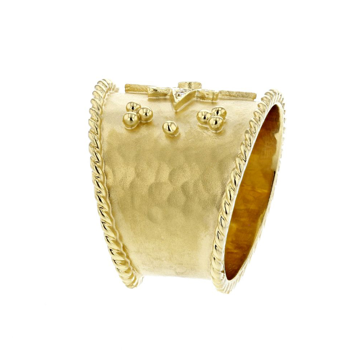 Marika Yellow Gold Hammered Wide Cuff Ring with Diamond Starburst Pattern