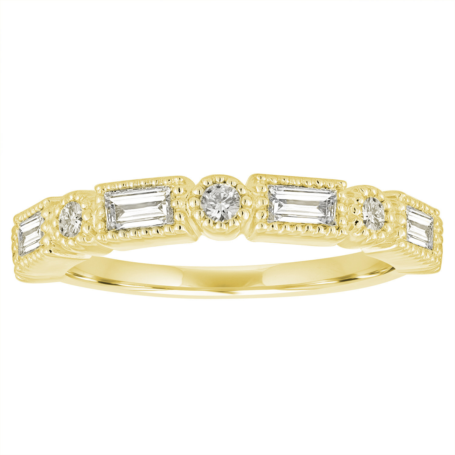 Baguette & Round Diamond Milgrain Yellow Gold Ring by My Story