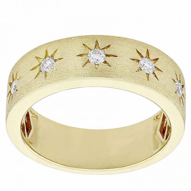 Yellow Gold Satin Ring with Diamond Starburst Pattern