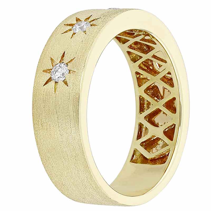 Yellow Gold Satin Ring with Diamond Starburst Pattern