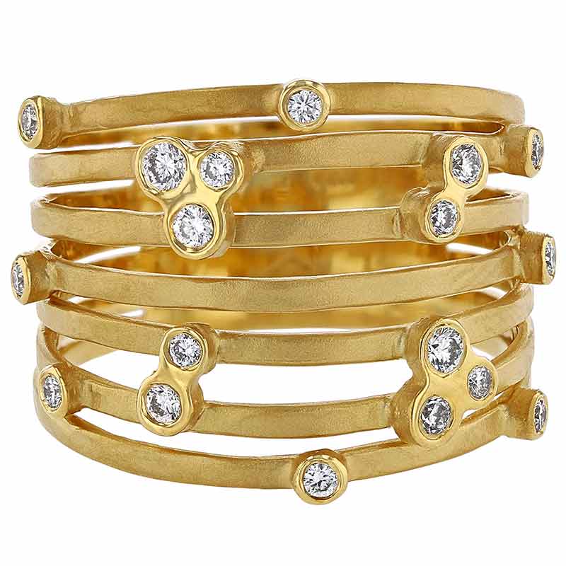 Marika Yellow Gold 7 Row Ring with Scattered Diamonds