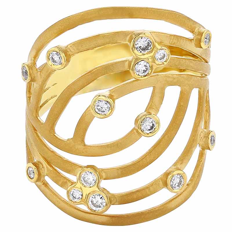 Marika Yellow Gold Open Crossover Pattern Ring with Scattered Diamonds