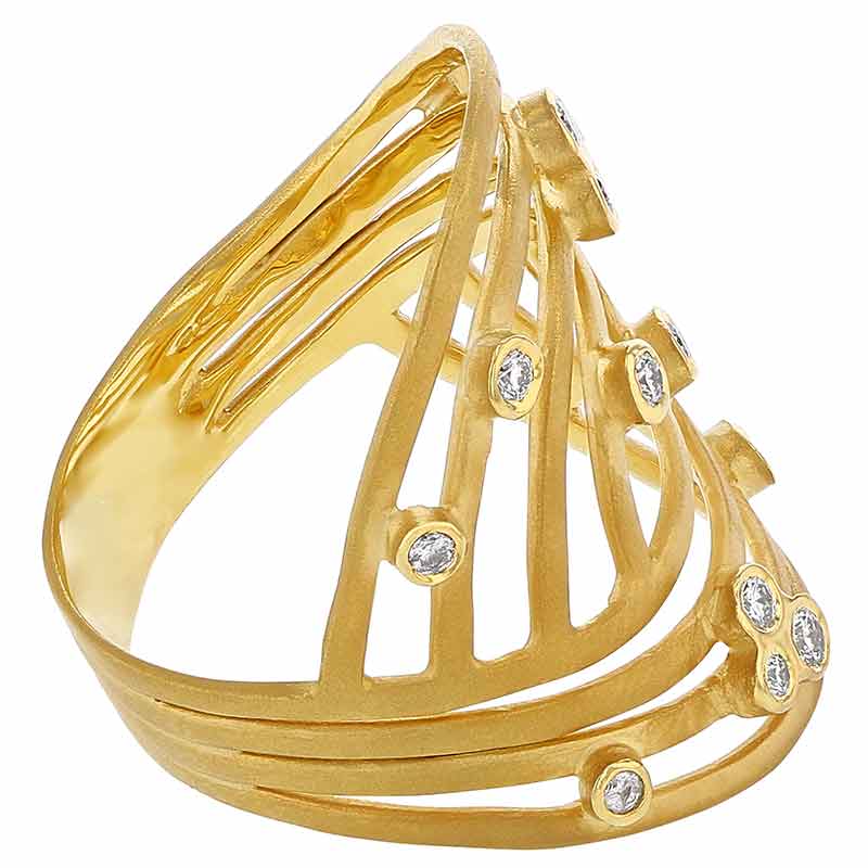 Marika Yellow Gold Open Crossover Pattern Ring with Scattered Diamonds