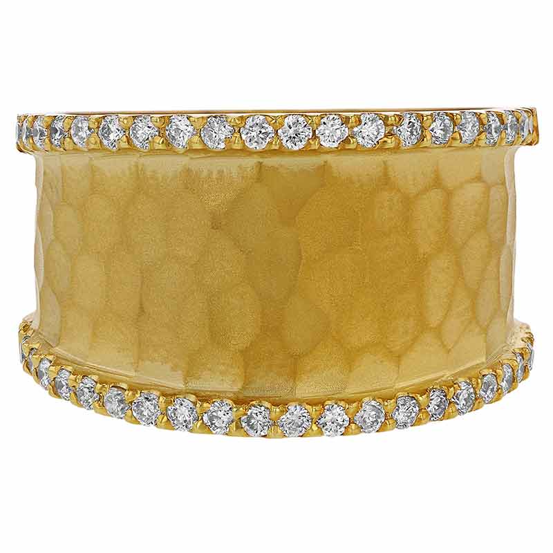 Marika Hammered Yellow Gold Cuff Ring with Diamond Edges