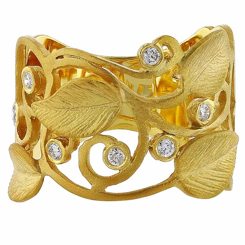 Marika Yellow Gold Leaf & Open Scrollwork Pattern Ring with Diamonds