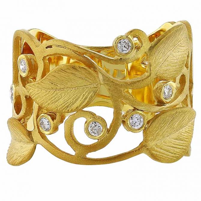 Marika Yellow Gold Leaf & Open Scrollwork Pattern Ring with Diamonds